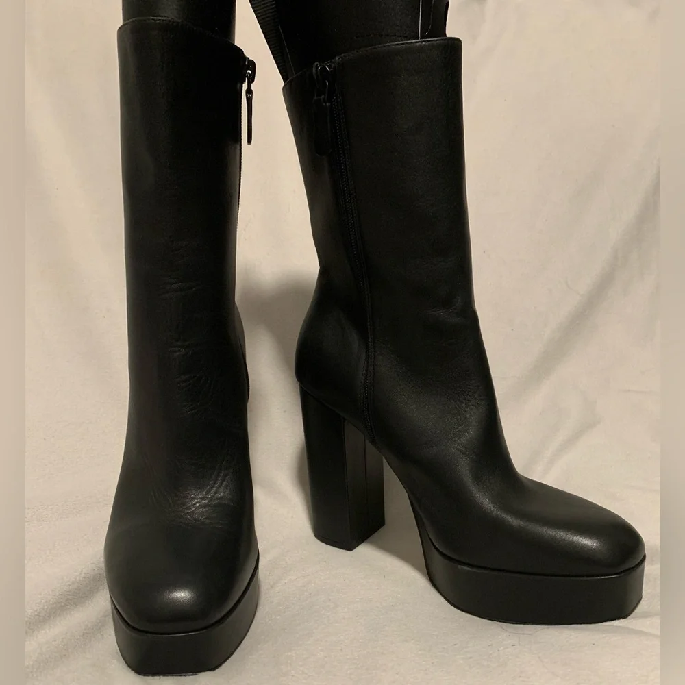 NEW Stuart Weitzman Party Zip Platform Ankle Boots Black Size 10B Block Heel